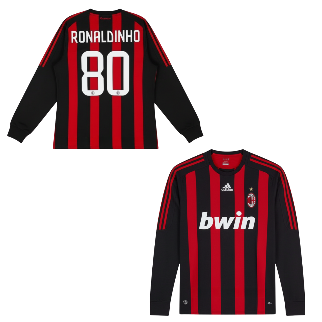 MAGLIA MILAN MAGLIA AC MILAN CASA  MANICA LUNGA 2008-2009 + RONALDINHO 80