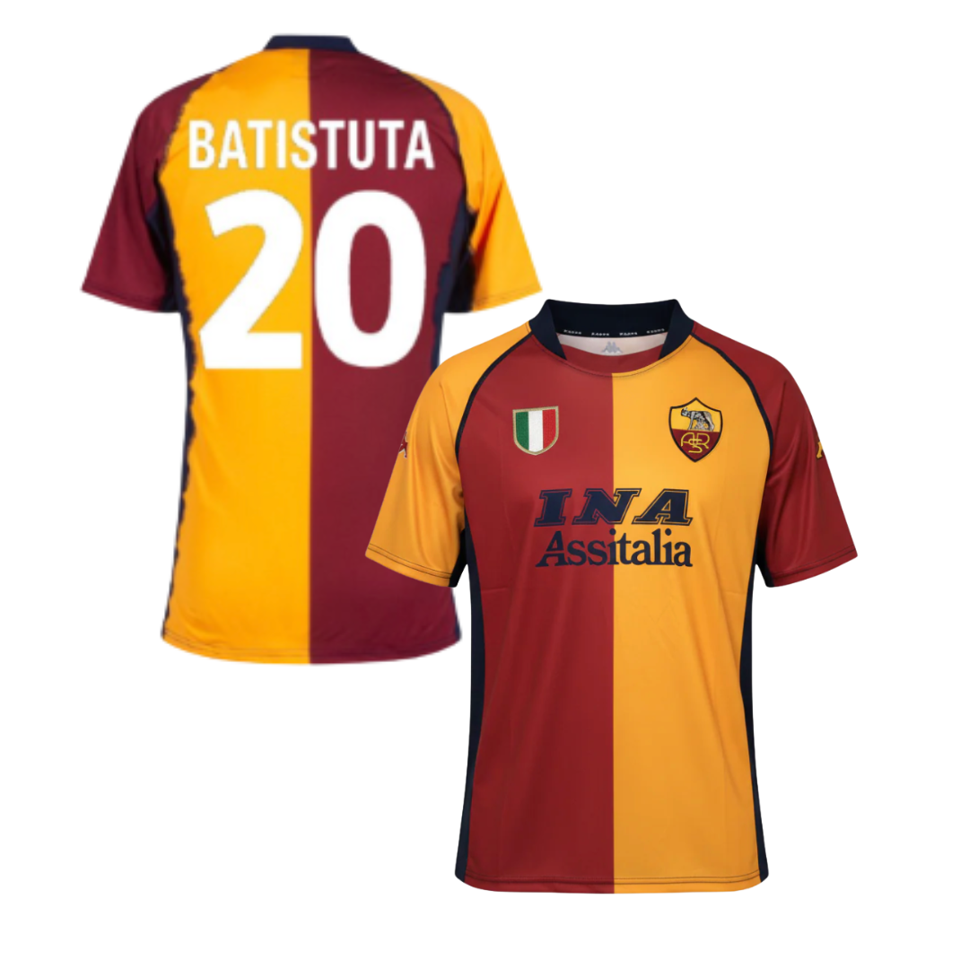 Maglia Storica AS Roma 2001/2002 + BATISTUTA 20 + PATCH CHAMPIONS INCLUSI