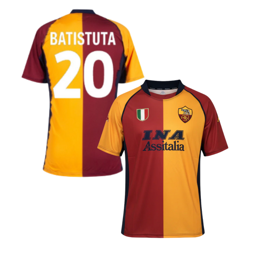 Maglia Storica AS Roma 2001/2002 + BATISTUTA 20 + PATCH CHAMPIONS INCLUSI